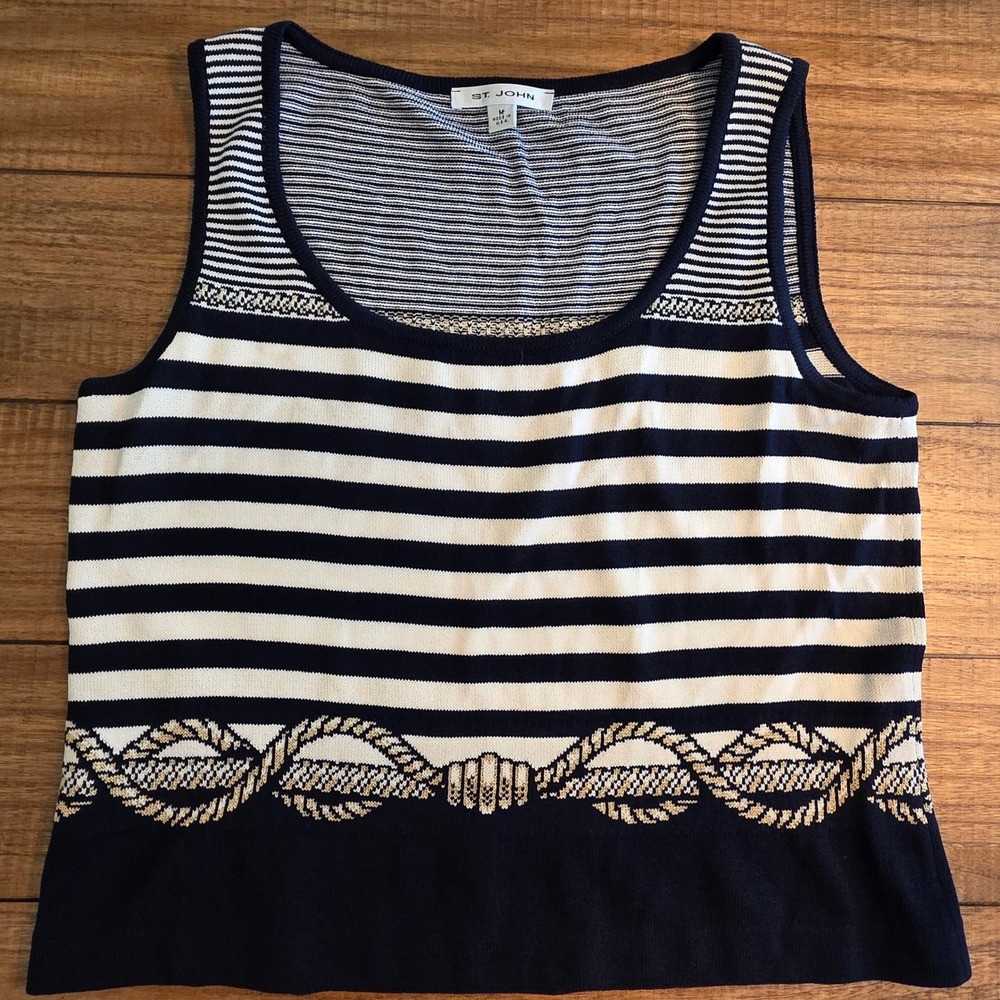 St John Knit Tank Top Womens M Nautical Stripe Gold Metallic Rope Navy Coastal